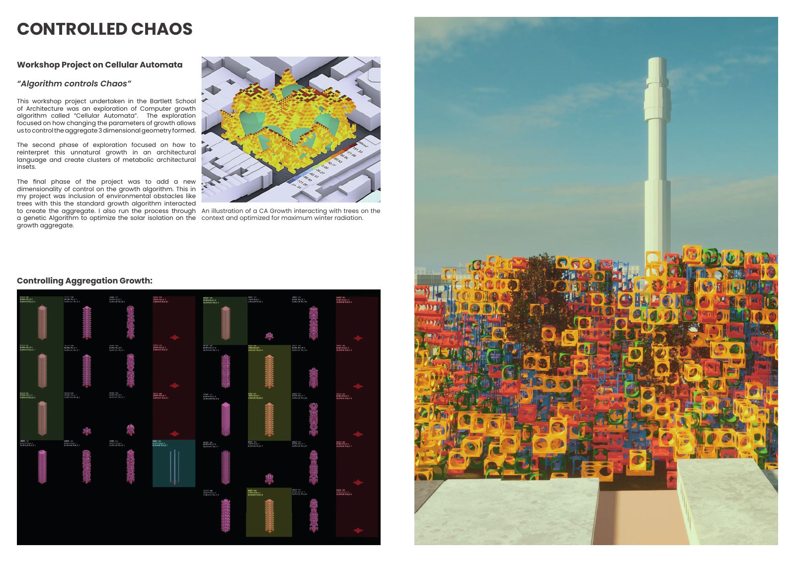 Controlled Chaos: Cellular-automata growth study, context constraints and final aggregate.