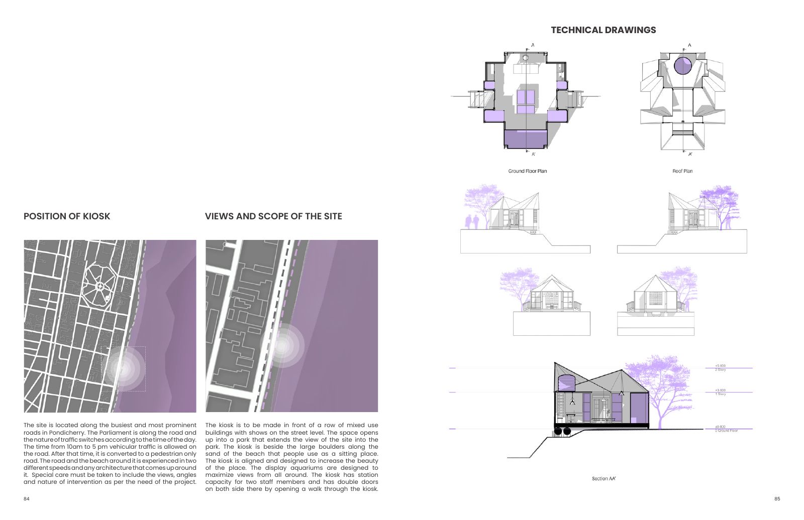 Kiosk of Fish: Plans, sections and transparent display geometry.