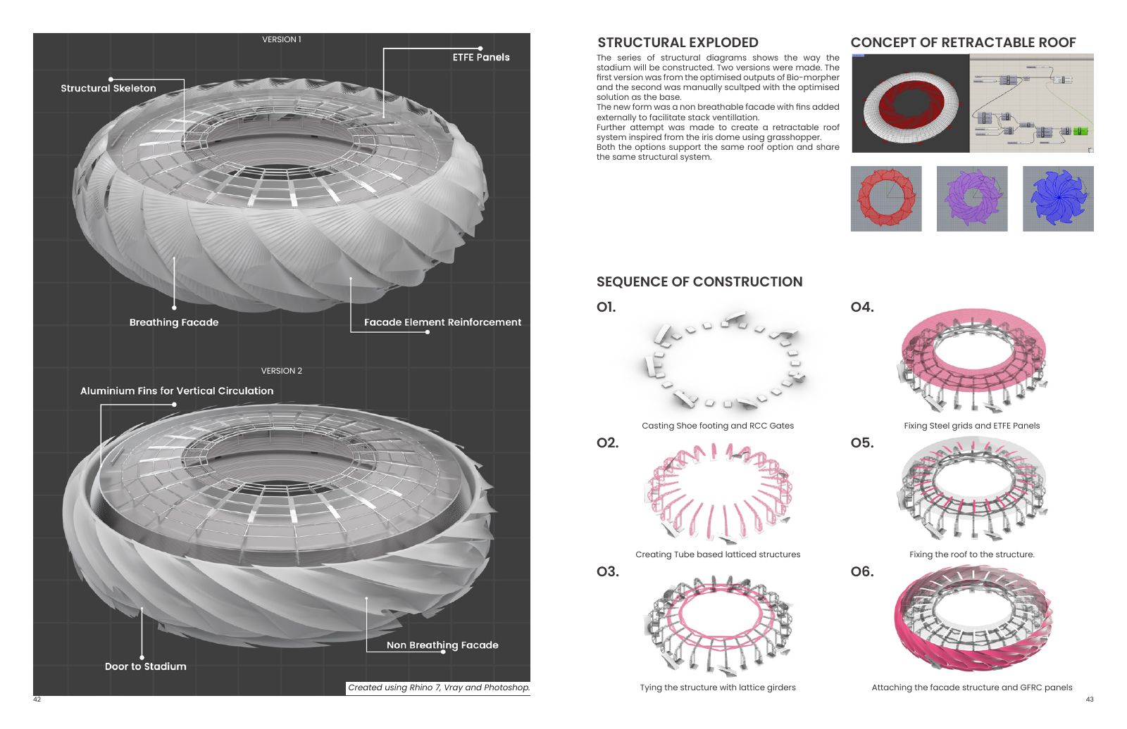 Stadium of Energy: Site, circulation and final structural resolution.